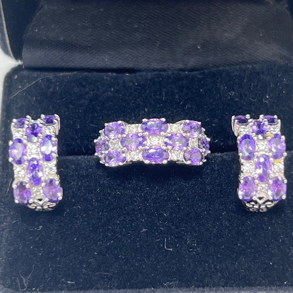 NVC 925 Sterling Silver Purple Amethyst Filigree Ring and J-Hoop Earring Set‎